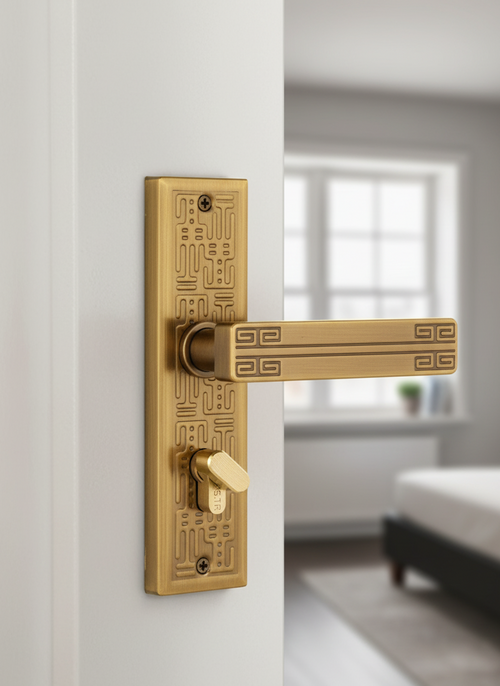 Gold door handle on a white door with a blurred room in the background